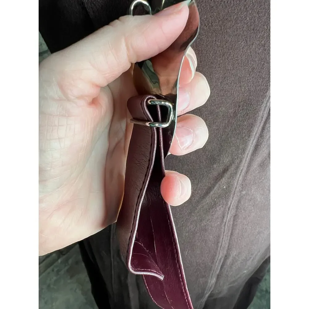 belt oval rippled buckle maroon burgundy wine silver vintage